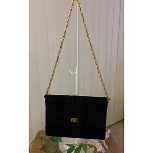 Vintage Block Velvet Clutch Purse With Gold Chain Strap & Turn Lock Closure